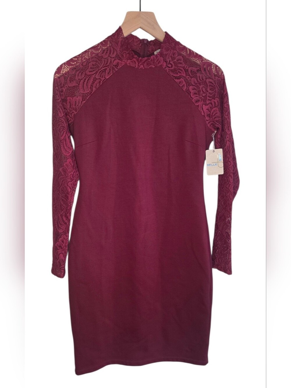 belle sky Burgundy Lace Sleeve High-Neck Dress- Small